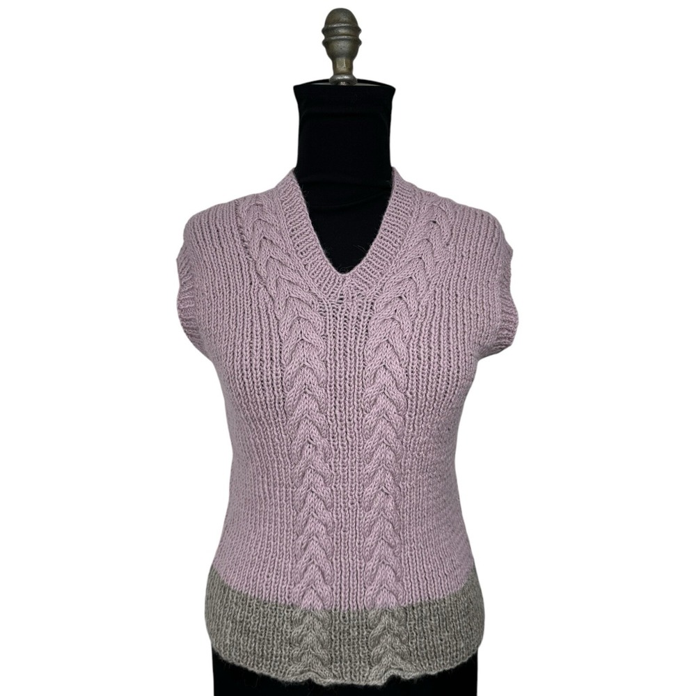Womens Cable Knit‎ Sweater Vest S Mauve Gray Hand Knit Old Money Academia Preppy